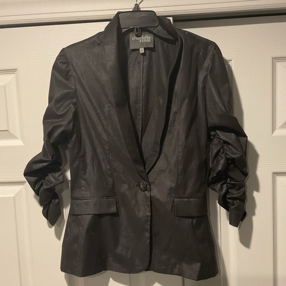 Vintage Charlotte Russe Ruched Arm Shoulder Black Metallic Jacket Blazer Y2K, M